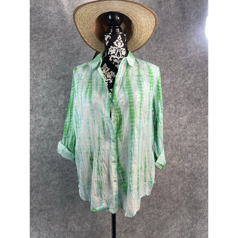 NEW Foxcroft Zoey Tie Dye BOHO Shirt Womens Sz 12 Relaxed Button Up Top All Over